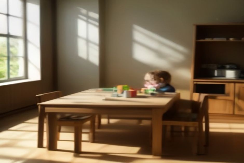 Bauklötze und Kinderzeichnung auf dem Küchentisch