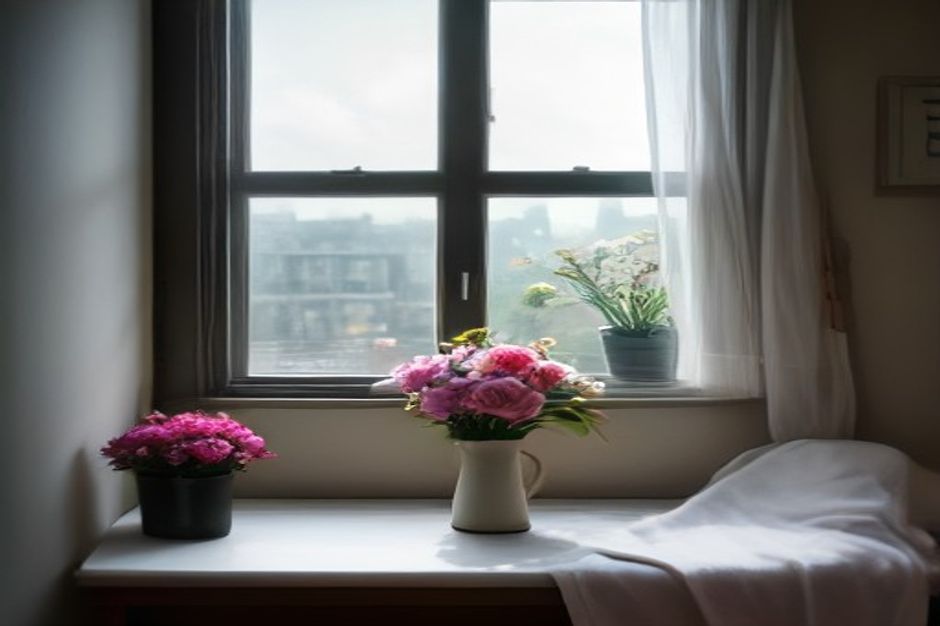 Ruhiger Wohnraum mit Blumen am Fenster